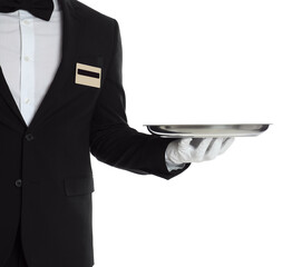 Waiter with empty tray on white background, closeup