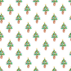 Christmas and New Year static seamless pattern in on white Background. Hand drawn Christmas tree with multi-colored balls. Background for wrapping paper, cards, fabrics, textiles.
