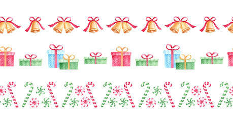 Set of Christmas watercolor seamless garlands: bells garland, gifts and candy cane garland on a white background. Garlands for decorating postcards, wrapping paper, fabrics, textiles. 