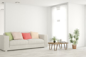 White living room with sofa. Scandinavian interior design. 3D illustration
