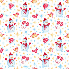 Hand drawn Christmas and New Year seamless pattern with watercolor cartoon Snowman, bells, hats, mittens, socks. Bright background for wrapping paper, fabric, textile, postcards.