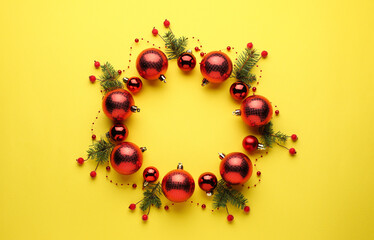 Bright festive wreath made of Christmas balls and fir branches on yellow background, top view. Space for text