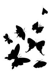 Vector composition of butterflies in motion hand drawn.Illustration of flying insects silhouettes in black doodle style.Design for cards,posters,social networks,packaging,stencils,decoration,stickers.