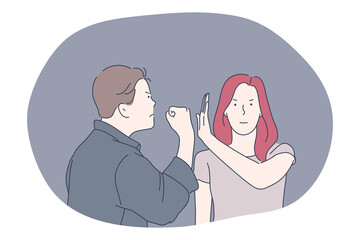 Fototapeta premium Misunderstanding, problems in communication, anger concept. Young man and woman arguing fighting and having problems with mutual understanding and quarrelling vector illustration 
