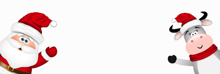 Christmas background. Funny Santa and bull in red hat.