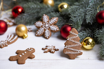 Traditional winter Christmas gingerbread with icing decoration