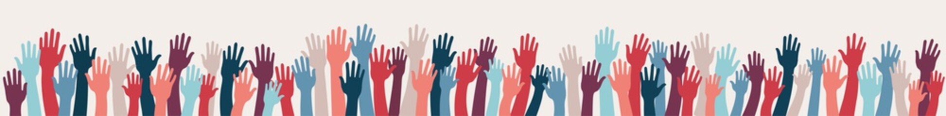 Fototapeta premium Group raised human arms and hands.Diversity multiethnic people.Racial equality.Men women children of diverse culture and countries.Multicultural community integration.Coexistence harmony