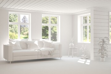 White living room with sofa and summer landscape in window. Scandinavian interior design. 3D illustration