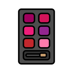 Flat icon is a simple glamorous cosmetics rectangular powder box with a mirror, eye shadows and eyelids applying make-up beauty guidance. illustration