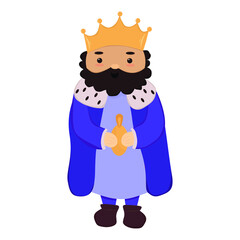cute cartoon king prince character with the crown in violet mantle holding the golden vase. Vector illustration clip art isolated on white background. Clip for kingdom, fairy tale, epiphany, fantasy, 