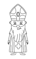 Bishop coloring page vector. Cute smiling priest in black line style. Easter coloring book