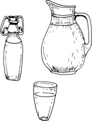 Milk, dairy products, cheese, cow, eggs. Farm, agriculture, village. Graphic illustration hand-drawn, doodle illustration. Isolated elements on a white background, sketch, engraving
