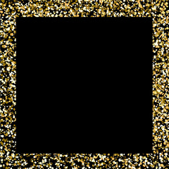 Glitter frame. Gold square border on black background. Christmas backdrop with copy space. Golden magic confetti wallpaper. Abstract glamour decoration element with glittering grain or dust.