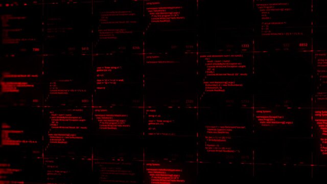 Abstract modern virtual computer script on black background, seamless loop. Animation. Work of software developer programmer on desktop screen, cyberspace reality concept.