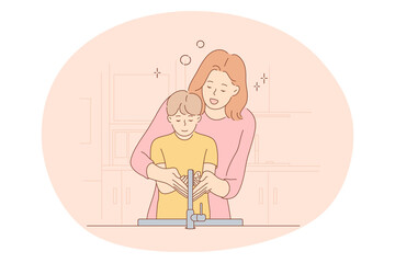 Motherhood, Mother and son, mothers day concept. Young positive woman mother cartoon character helping to wash hands to her small son boy at home in bathroom vector illustration 