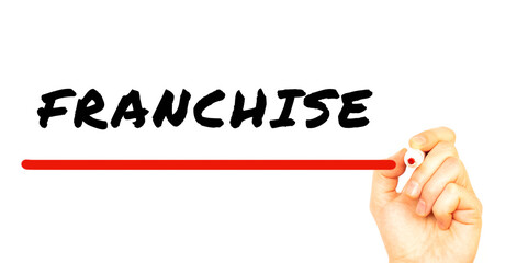 Hand writing FRANCHISE with red marker. Isolated on white background.