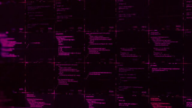 Abstract modern virtual computer script on black background, seamless loop. Animation. Work of software developer programmer on desktop screen, cyberspace reality concept.
