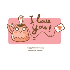 Valentine's day vector card with cute cartoon cup and tea. Cheerful couple in love. Holiday doodle print with mug. Anthropomorphic character in the form of dishes.
