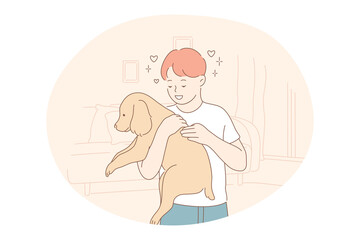Adopted dogs from shelter, volunteering, helping pets concept. Young happy boy cartoon character holding and petting brown adopted puppy, hugging and embracing vector illustration 
