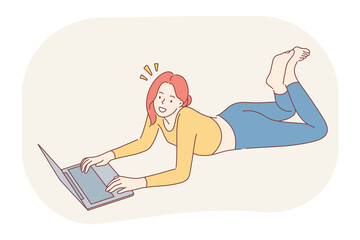 Online communication, e-learning, laptop concept. Young smiling woman cartoon character lying on floor with laptop, communicating online with friends, studying or watching distant courses 