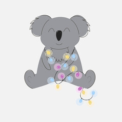 Cute koala with garland, vector children's colorful illustration in cartoon hand drawn style for printing on children's clothing, interior design, packaging, stickers. Isolated on white