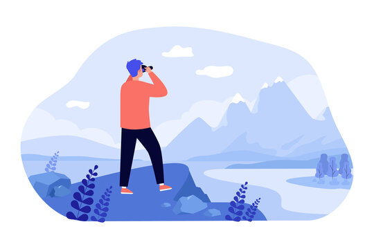 Male explorer standing at cliff, looking at mountains through binoculars. Man enjoying nature and hiking, searching new opportunities. Vector illustration for travel, active lifestyle, goal concept