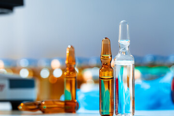 Plain ampule vials for injections close up