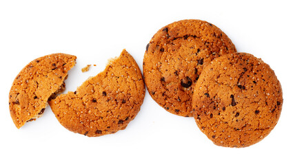 Pile of chocolate chip cookies isolated on white background