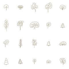 Set of hand drawn doodle trees. Outlines, thin brown lines.