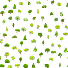 Seamless pattern, hand drawn doodle trees. Spring, summer, light green, young, fresh.