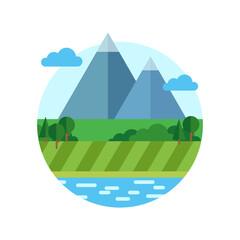 Summer or Spring Illustration of Landscape in Flat Style. Vector Background with Mountains, Trees and Sky