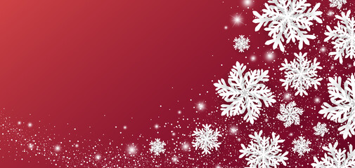 Fototapeta na wymiar Christmas and winter banner design of snowflake and snow with lights on red background vector illustration