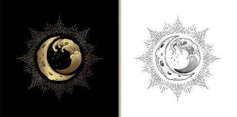 Crescent moon and waves in high tide, spiritual guidance tarot reader Colorful gradient design. illustration. © ekosuwandono