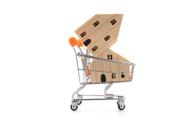 2 wooden house models in shopping cart isolate on white background.