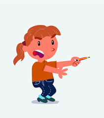 angry cartoon character of little girl on jeans with pencil points to the side.
