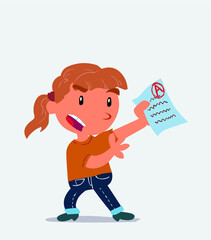 cartoon character of little girl on jeans arguing effusively with exam in hand