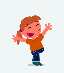 artoon character of little girl on jeans celebrating something with joy.
