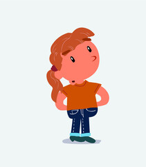 cartoon character of little girl on jeans doubting.
