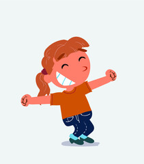 Euphoric little girl on jeans in funny cartoon character