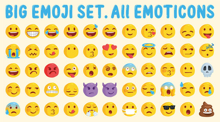 Big and Funny cartoon yellow emoji set. Emoji set collection. Vector isolated illustrations