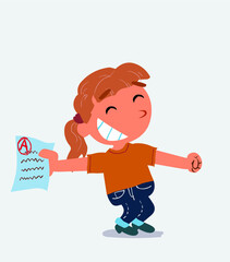  happy cartoon character of little girl on jeans rejoices with exam in hand.