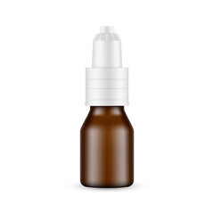 Dark Glass Dropper Bottle Mockup, Isolated on White Background. Nasal Drops Packaging, Front View. Vector Illustration