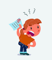  little girl on jeans waving a exam angrily.