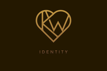 Abstract initials K and W logo, gold colour line style heart and letter combination, usable for brand, card and invitation, logo design template element,vector illustration