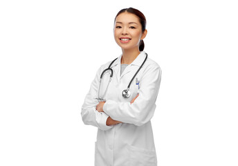 medicine, profession and healthcare concept - happy smiling asian female doctor in white coat with stethoscope