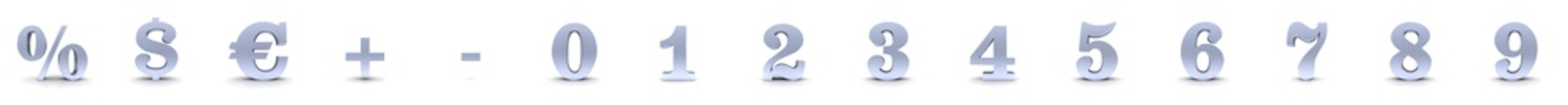 Numbers 3d 0 1 2 3 4 5 6 7 8 9 silver percent percentage dollar euro sign 3d