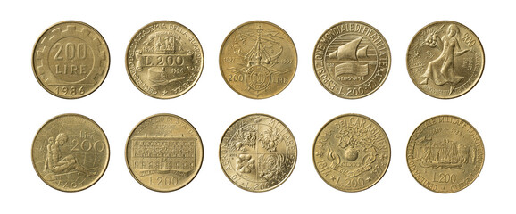 Set of 10 different coins of italian 200 Lire coined from 1980 to 1997 isolated on a white background.