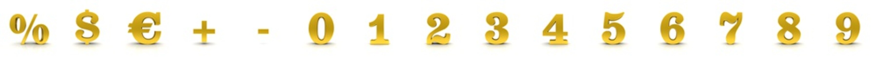 Obraz premium Percent sign 3d percentage numbers golden 0 1 2 3 4 5 6 7 8 9 dollar euro symbols plus minus sale icons