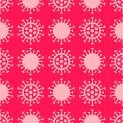 Coronavirus flat seamless pattern. Corona virus 2019-nCoV background with pink viruses on red background. COVID-19 Pandemic print texture. Vector illustration