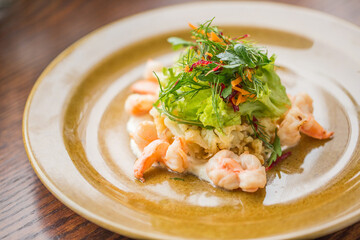 spring salad with herbs and boiled shrimps